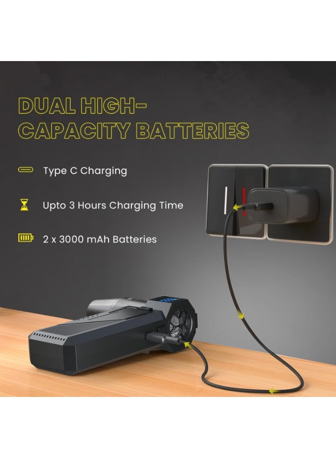 بورترونيكس Portronics Tornado Pro Handheld High-Speed Air Duster, Type-C Rechargeable, 1,30,000 RPM, BLDC Motor, 3 Speed Control, LED Display, Built-in LED Light, Multiple Nozzle Attachments, for Car, PC & Home - Image 2